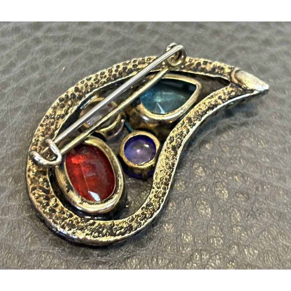 Vintage Paisley Brooch Pin Red Purple Blue Pink Chunky Rhinestones 80s Runway